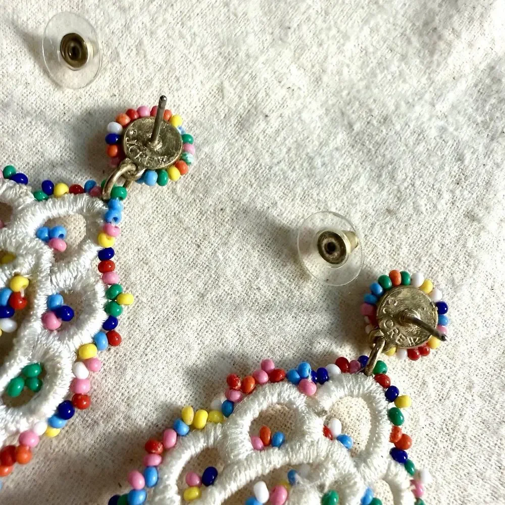 J.Crew Multicolored Glass Seed Bead Crochet Medallion Statement Dangle Earrings